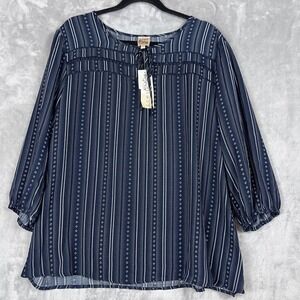 Como Vintage Women Top Blouse Navy White Stripe Lace Trim Tunic  3X